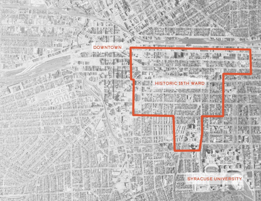 A historic aerial image of Syracuse shows the historic 15th Ward between the city’s downtown and Syracuse University. 
